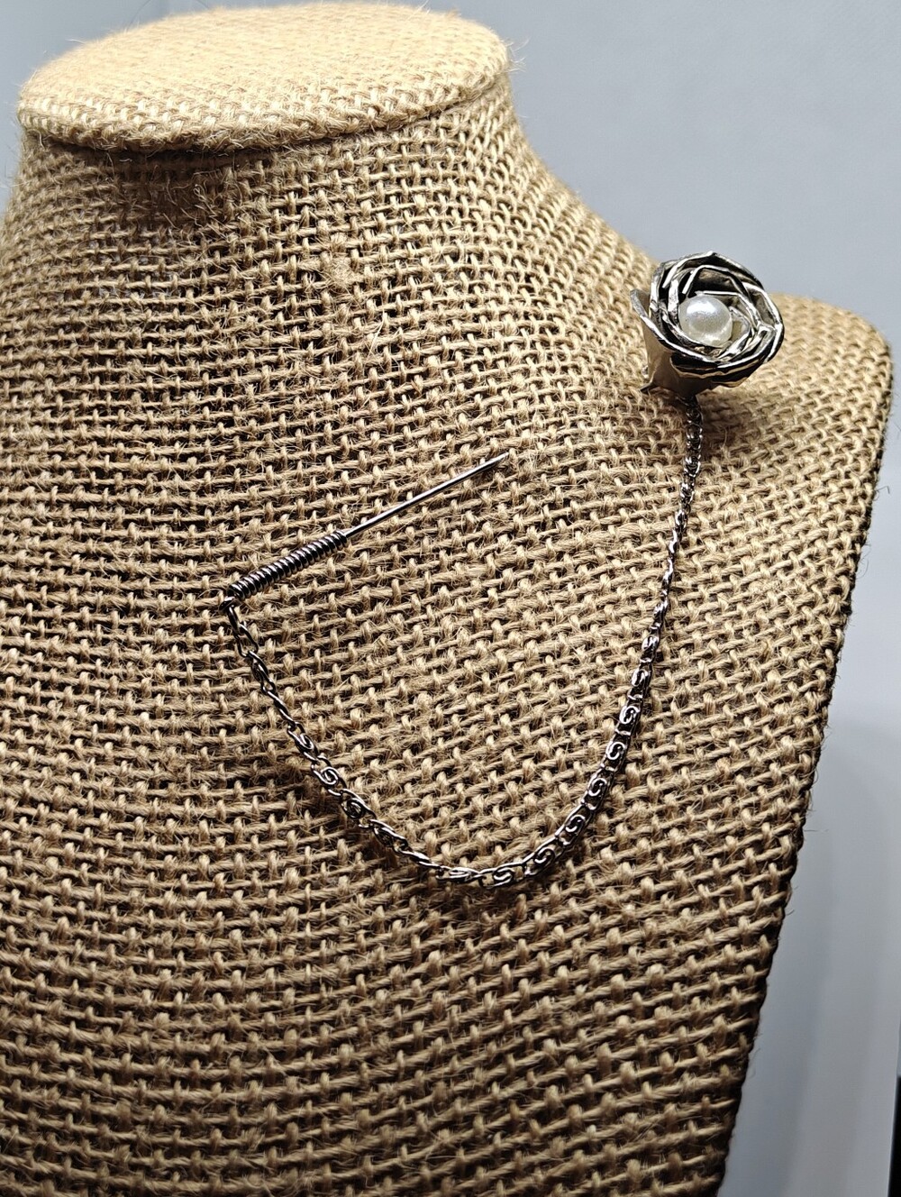 Vintage Silver Tone Rose Pearl Stick Pin Brooch with Chain